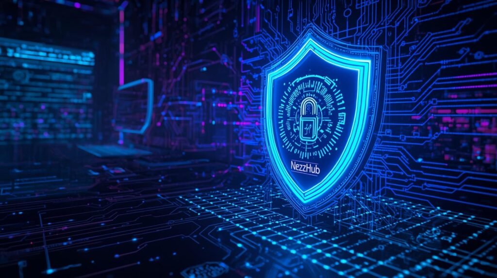 Cybersecurity Protection Network: A cybersecurity protection shield made of glowing circuits that secures a digital network against cyber threats and data breaches in modern technology systems.