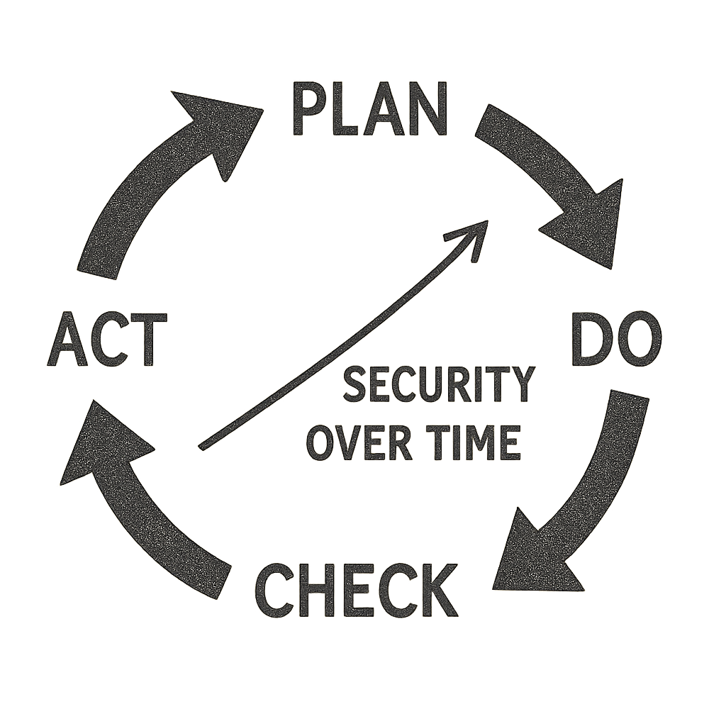 PDCA security cycle diagram showing Plan, Do, Check, Act process for improving cybersecurity and SOC 2 compliance over time.