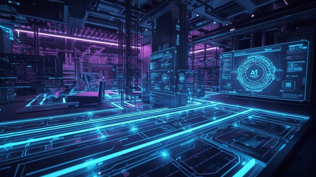 Digital innovation technology hub showing connected devices, glowing circuits, and emerging technology networks powering modern software and artificial intelligence platforms.