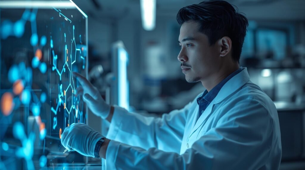Pharmaceutical researcher designing drug molecules using advanced molecular visualization technology in a modern laboratory