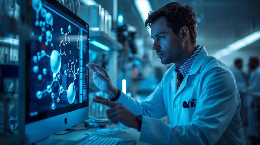 Pharmaceutical scientist analyzing drug compounds and molecular structures in a modern laboratory for drug discovery research
