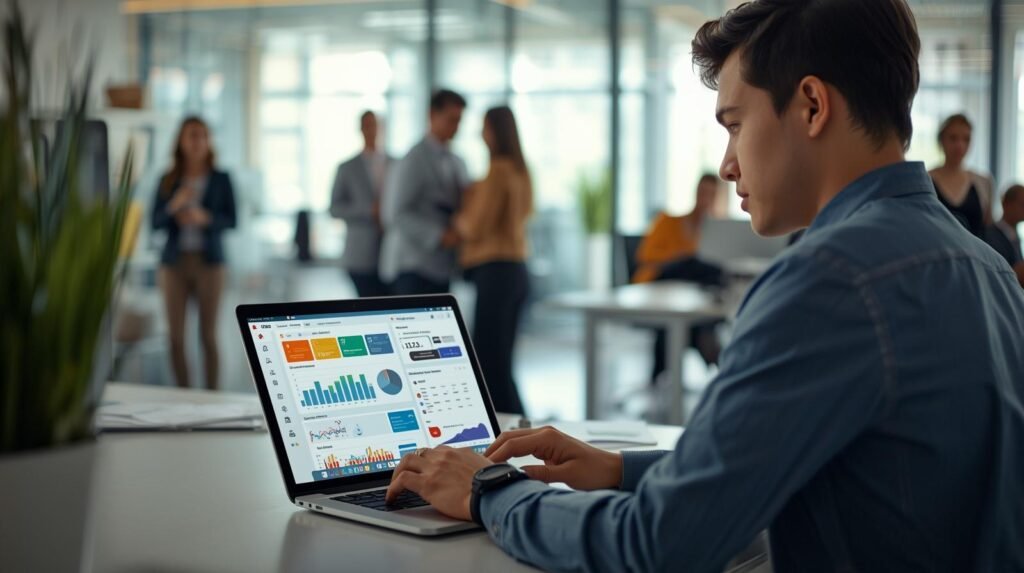 Entry-Level Jobs in the USA: Young professional working on a laptop in a modern U.S. office representing entry-level job opportunities in the USA.