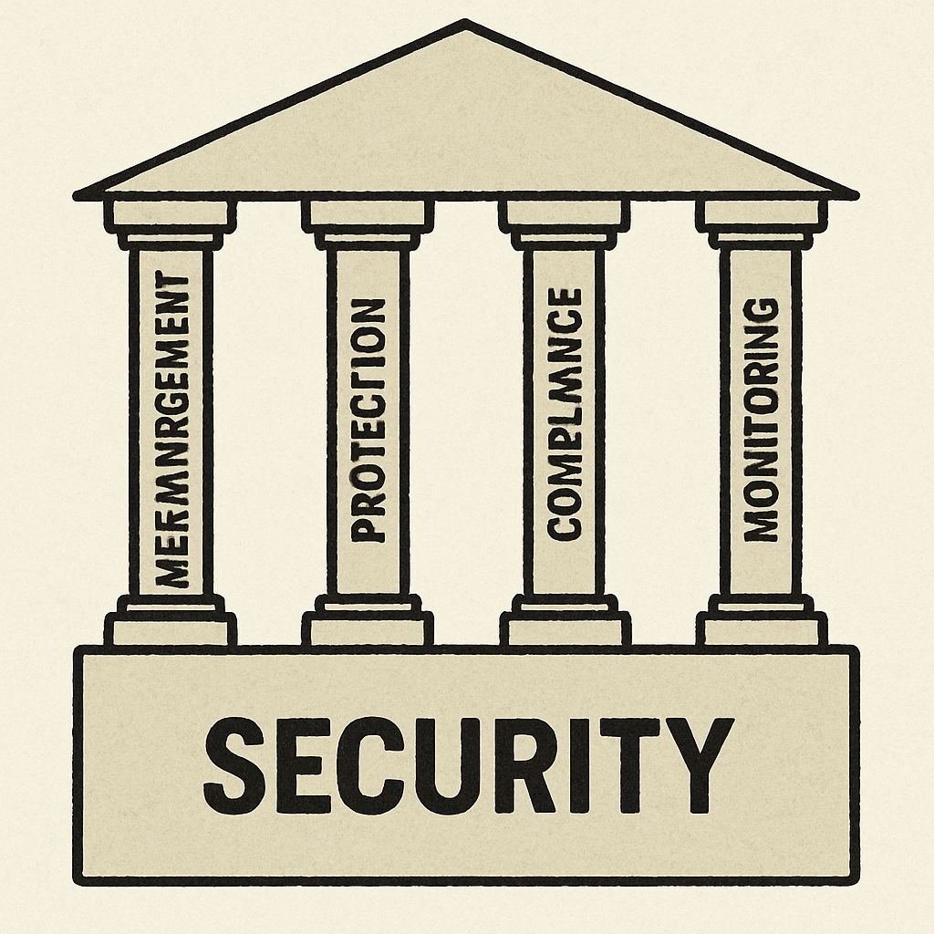 Security framework illustration showing four pillars—Management, Protection, Compliance, and Monitoring—representing core components of cybersecurity governance.