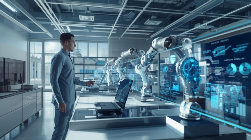 AI professional working with advanced artificial intelligence systems and robotics in a modern U.S. tech innovation lab representing the future of AI jobs in the USA.