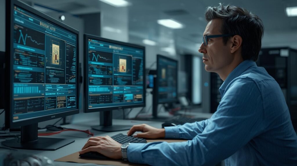 Healthcare IT compliance specialist monitoring HIPAA compliance cybersecurity systems and encrypted patient data in a modern U.S. hospital IT office.