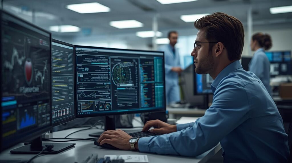Healthcare cybersecurity specialist monitoring HIPAA compliance and patient data protection systems in a modern U.S. hospital IT security center.