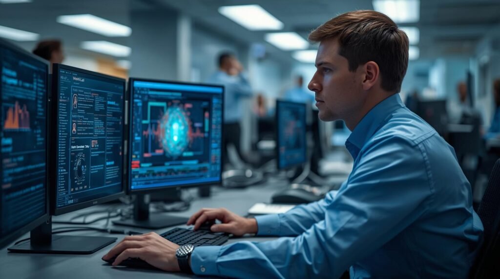 Healthcare cybersecurity specialist monitoring HIPAA compliance and patient data protection systems in a modern U.S. hospital IT security center.