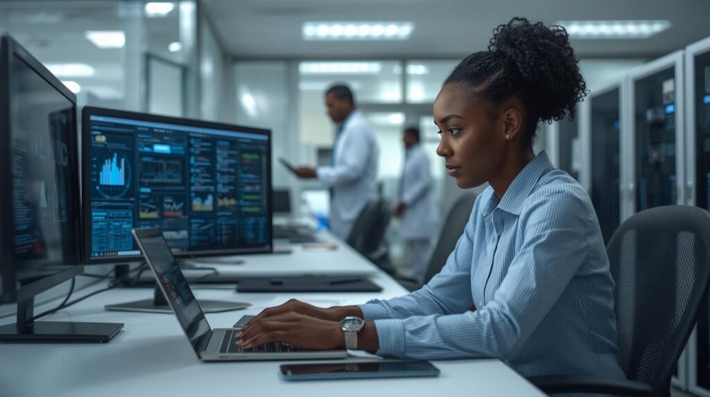 Healthcare IT compliance specialist reviewing a HIPAA cybersecurity checklist and patient data security dashboards in a modern U.S. hospital IT office.