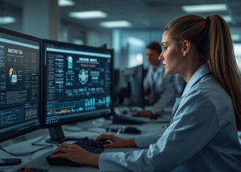 Healthcare cybersecurity specialist monitoring HIPAA compliance and patient data protection systems in a modern U.S. hospital IT security center.