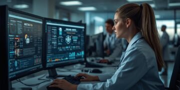 Healthcare cybersecurity specialist monitoring HIPAA compliance and patient data protection systems in a modern U.S. hospital IT security center.