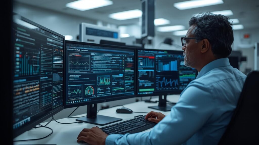 Healthcare cybersecurity analyst reviewing HIPAA cybersecurity requirements and compliance dashboards in a modern U.S. hospital IT office.