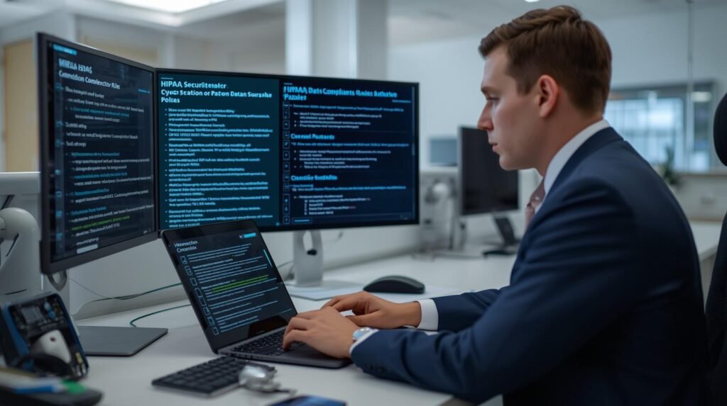 Healthcare compliance officer reviewing HIPAA security rules and patient data protection policies in a modern U.S. hospital IT office.