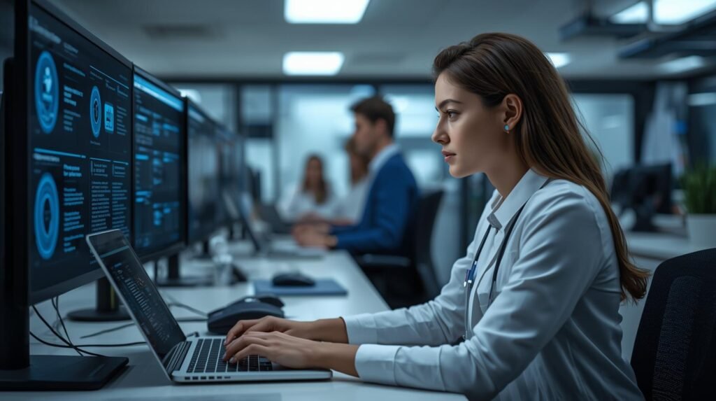 Healthcare privacy officer reviewing encrypted patient records and health information privacy policies in a modern U.S. hospital IT office.