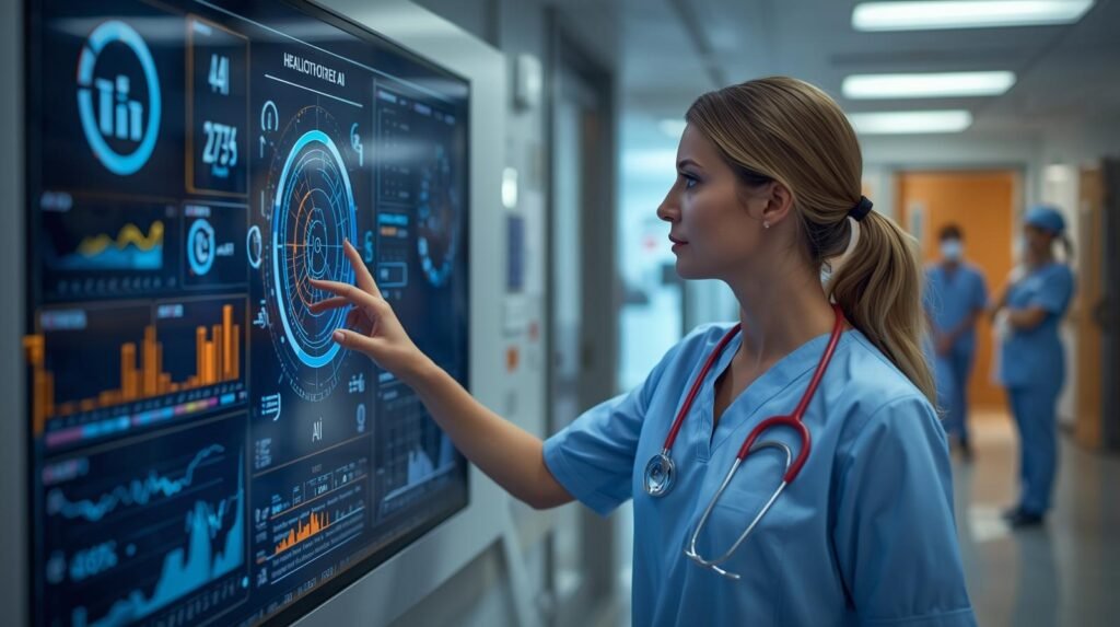 Healthcare AI Applications in USA: professional in a modern U.S. hospital demonstrating AI applications with patient monitoring dashboard on screen.