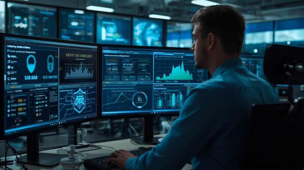 IT security engineer monitoring IAM solutions and identity access management dashboards in a modern corporate cybersecurity office.