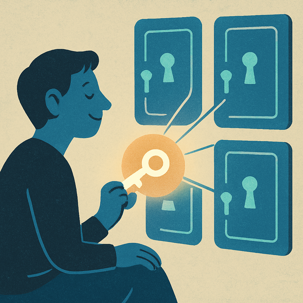 Illustration of a user holding a digital key unlocking multiple secure access panels, representing identity and access management (IAM) and digital identity control.