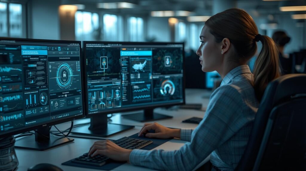 Cybersecurity professional reviewing identity security dashboards and user authentication systems in a modern corporate IT security operations center.
