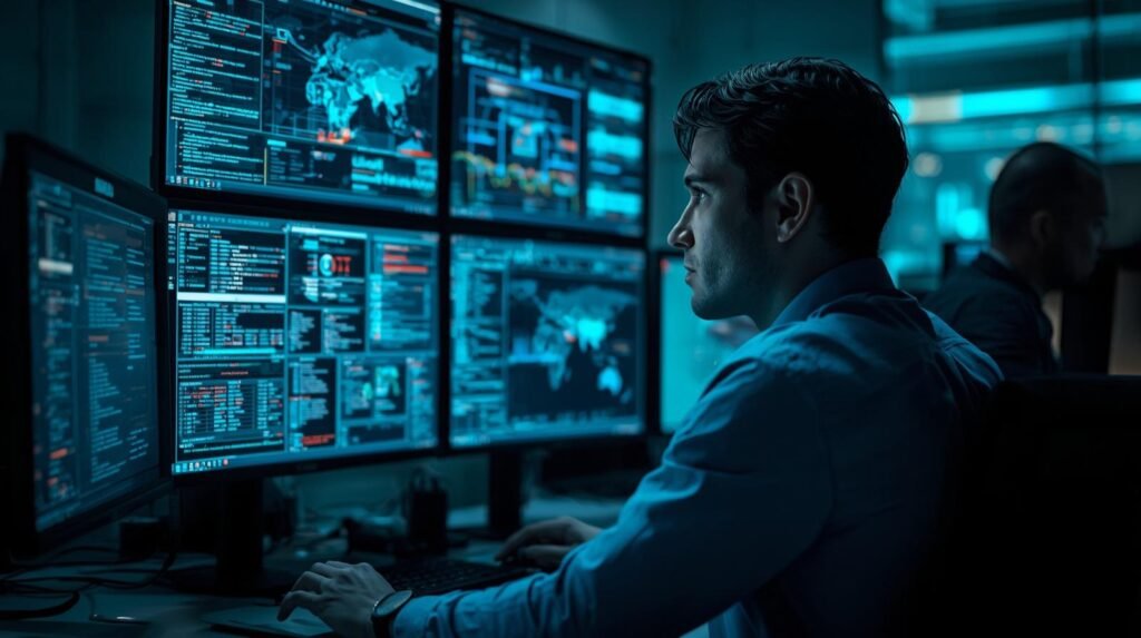 Cybersecurity analyst monitoring identity and access management tools and authentication dashboards in a modern enterprise security operations center.