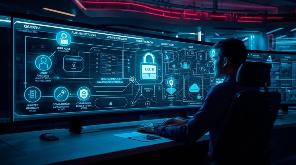 Cybersecurity analyst monitoring identity and access management tools and authentication dashboards in a modern enterprise security operations center.