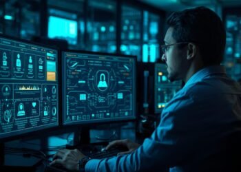 Cybersecurity analyst monitoring identity and access management tools and authentication dashboards in a modern enterprise security operations center.