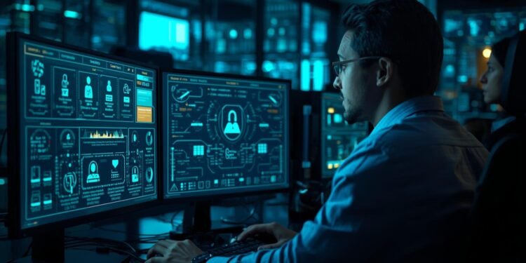 Cybersecurity analyst monitoring identity and access management tools and authentication dashboards in a modern enterprise security operations center.
