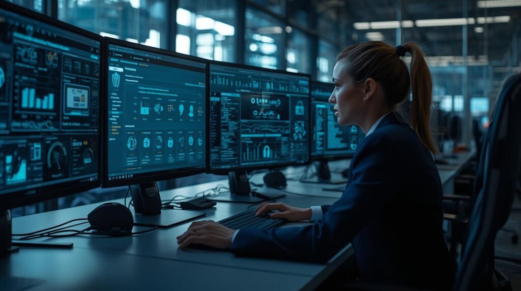 Cybersecurity analyst monitoring identity and access management IAM tools and authentication dashboards in a corporate IT security operations workspace.