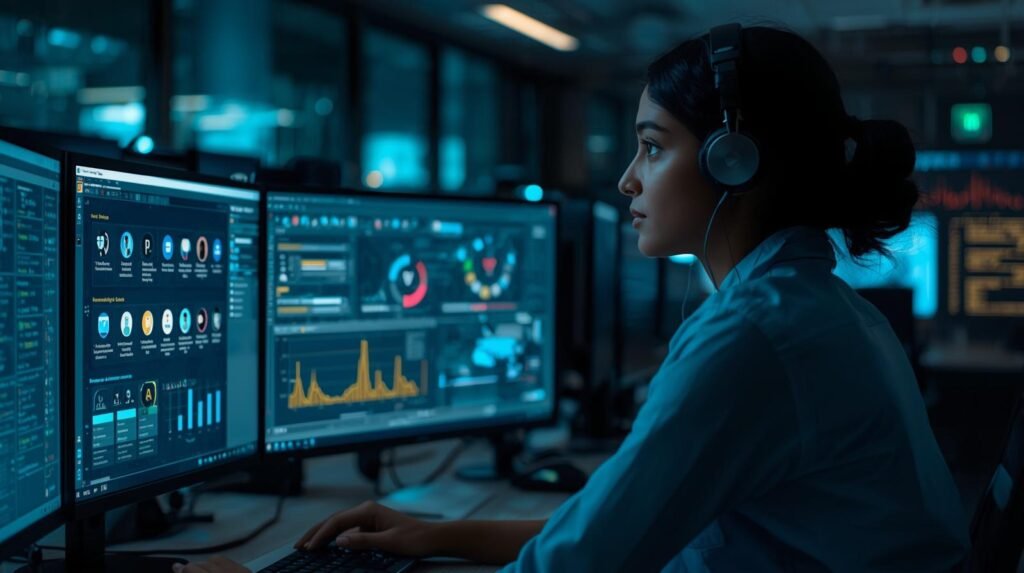 Cybersecurity analyst monitoring identity and access management security tools and authentication dashboards in a modern enterprise IT security operations center.