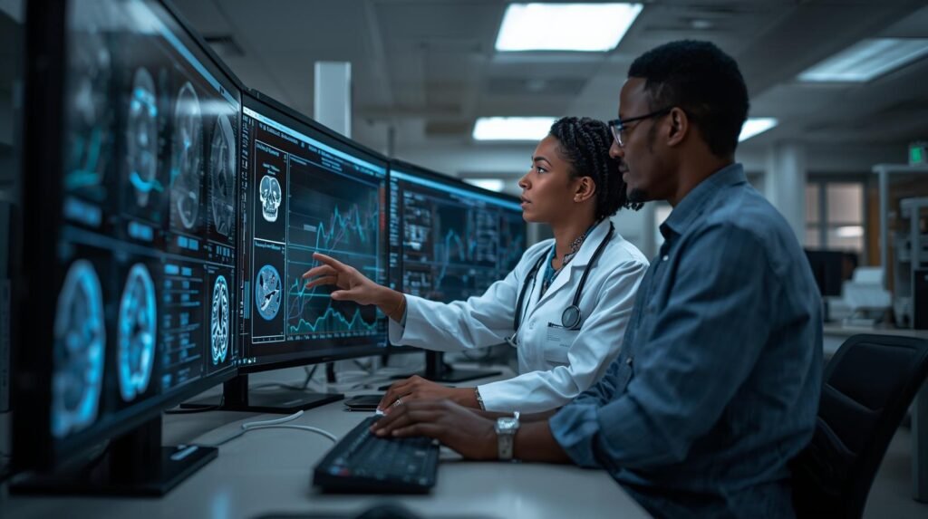 Medical data scientist and doctor in a modern U.S. hospital analyzing machine learning healthcare in USA models on digital screens.
