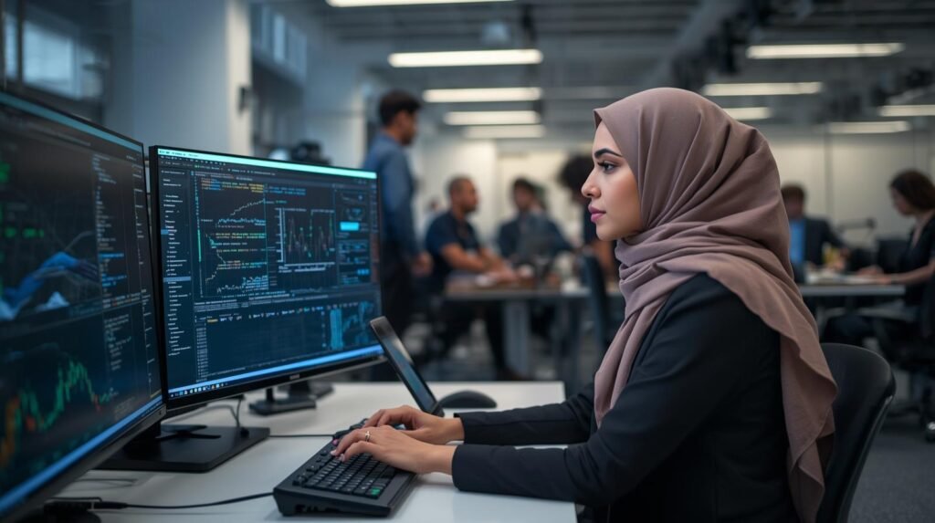 Machine Learning Jobs in the USA: Machine learning engineer in a modern U.S. tech office analyzing data models and neural network visualizations on computer screens.