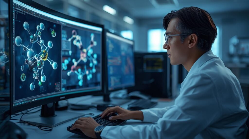 Scientist analyzing molecular dynamics simulation with moving 3D molecules on a digital screen in a modern laboratory