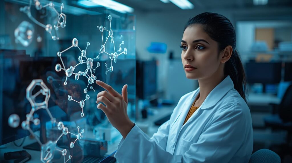 Scientist analyzing 3D molecular modeling structures on a digital screen in a modern laboratory environment