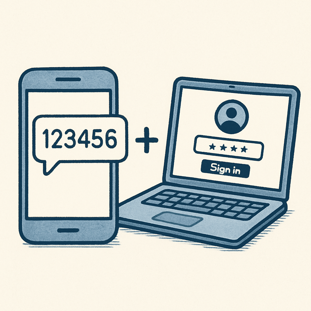Illustration of multi-factor authentication showing a smartphone with a verification code and a laptop login screen requiring a password for secure account access.