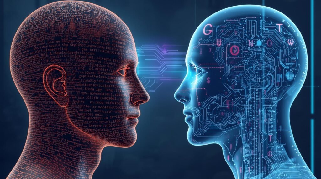 “Conceptual illustration of natural language processing (NLP), showing a human head made of text and symbols facing an AI head formed from digital circuits, representing communication and understanding between humans and artificial intelligence.”