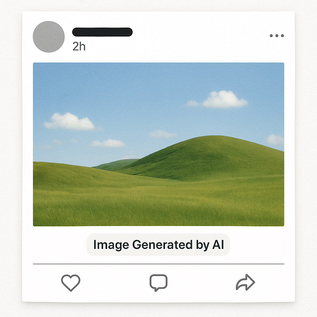 Social media post interface displaying a landscape image labeled “Image Generated by AI,” highlighting transparency in AI-generated content.