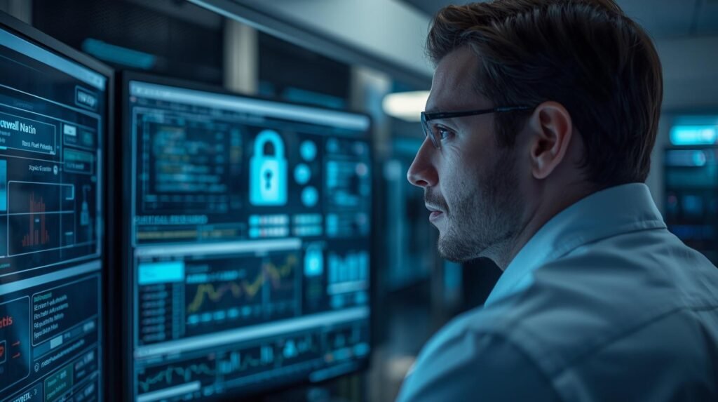 Healthcare data security specialist monitoring patient data protection systems and encrypted medical records in a modern U.S. hospital IT office.