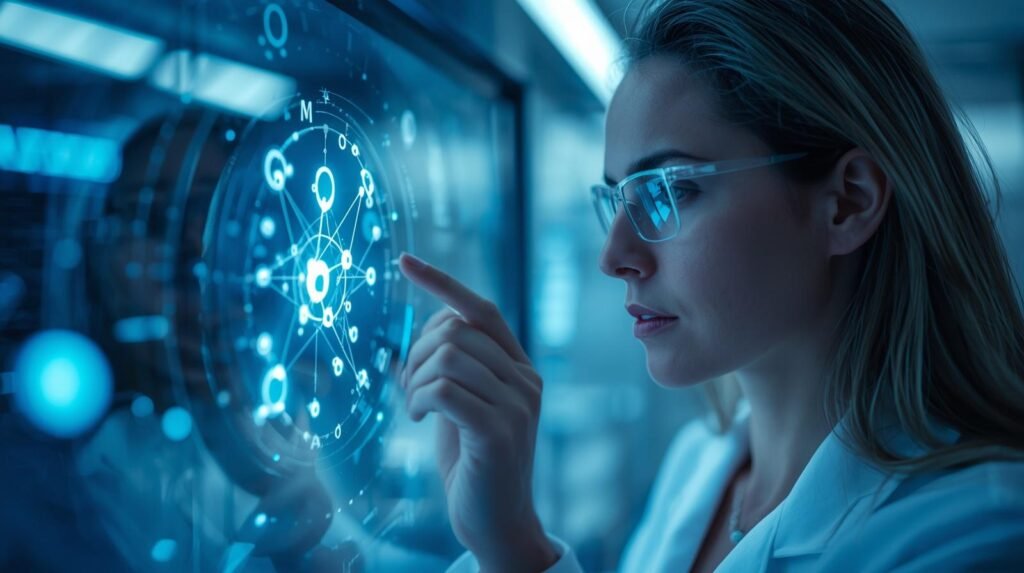 Chemist studying quantum chemistry molecular structures in a modern laboratory with advanced visualization technology