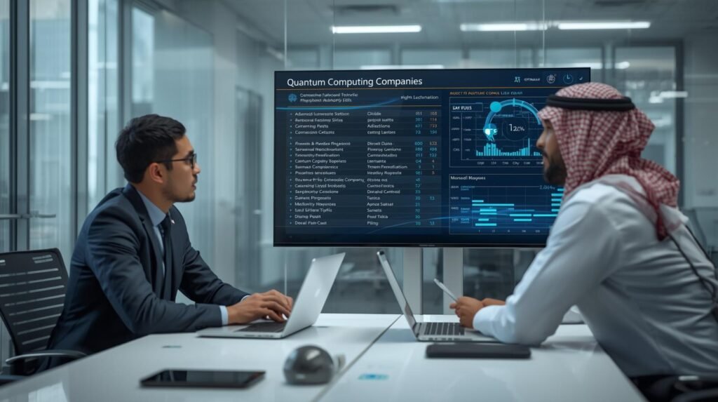 Business analysts in a modern U.S. tech office reviewing a quantum computing companies list on a large digital screen.