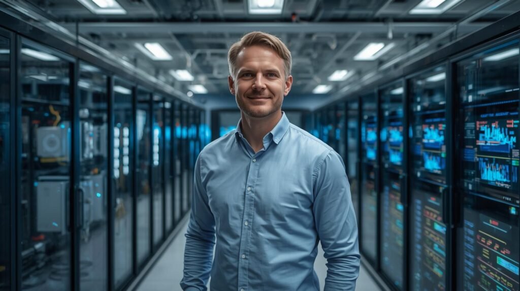 Quantum computing researcher in a modern U.S. technology lab with advanced quantum hardware and servers.