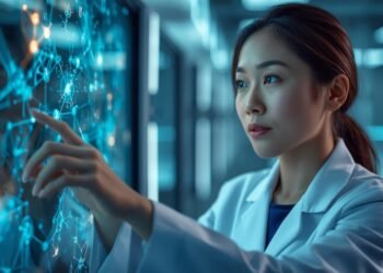 Scientist analyzing quantum molecular simulation in a modern lab with holographic molecule visualization and advanced computing tools