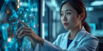 Scientist analyzing quantum molecular simulation in a modern lab with holographic molecule visualization and advanced computing tools