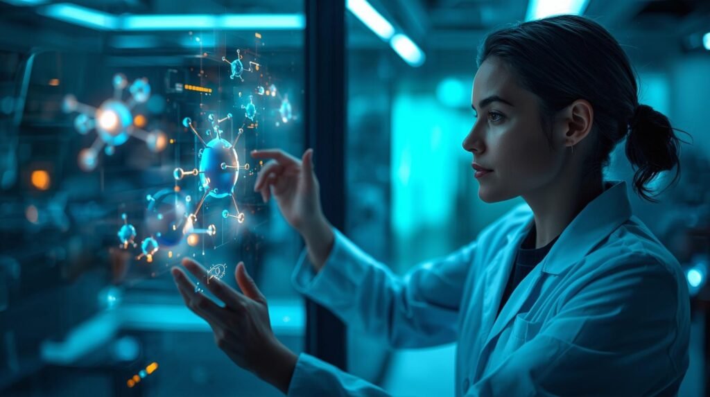 Scientist analyzing quantum molecular simulation in a modern lab with holographic molecule visualization and advanced computing tools