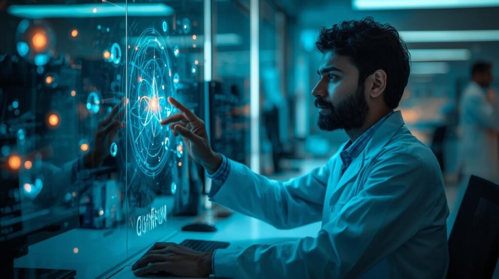 Scientist analyzing quantum molecular simulation in a modern lab with holographic molecule visualization and advanced computing tools