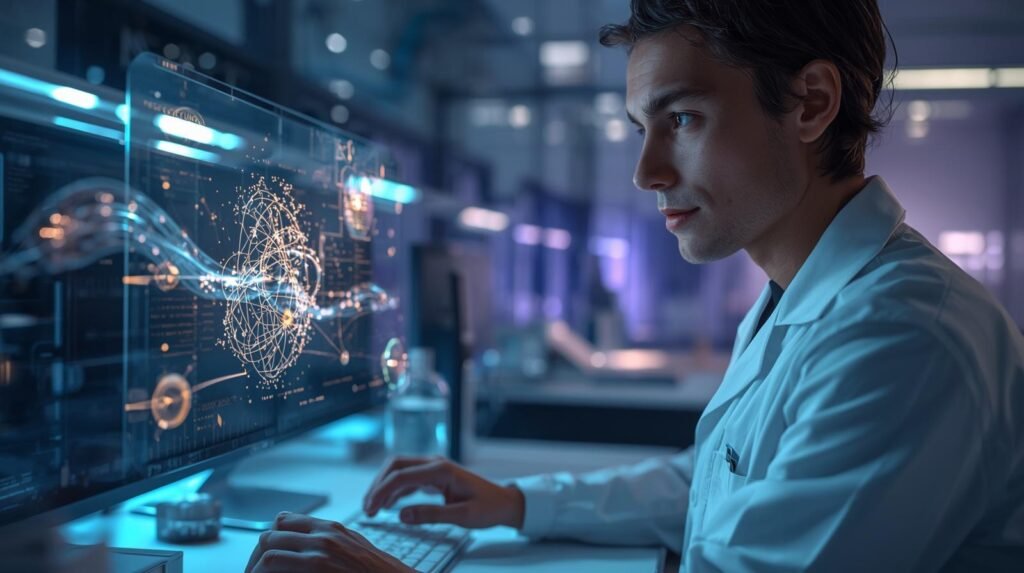 Scientist analyzing quantum simulations with 3D atomic structures on a digital interface in a modern laboratory
