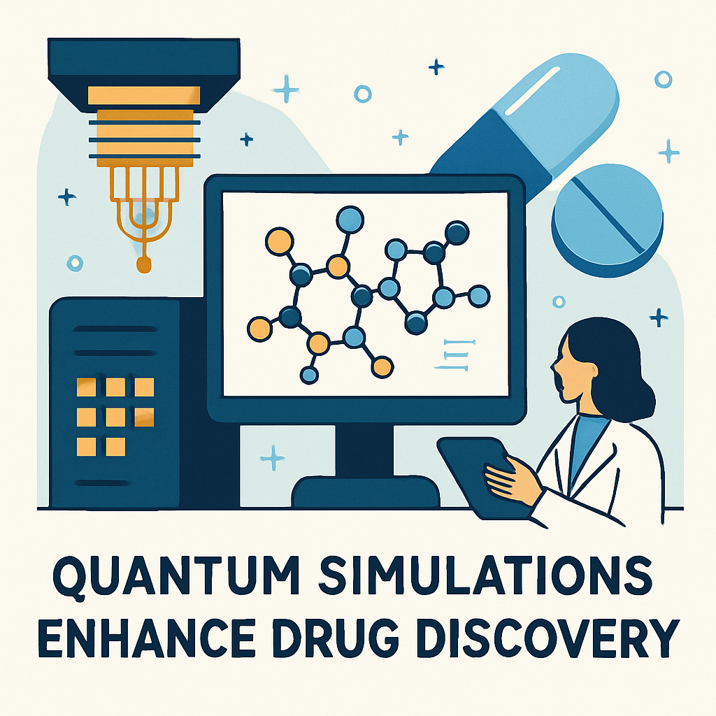 Illustration showing how quantum simulations improve drug discovery using molecular analysis and advanced computing