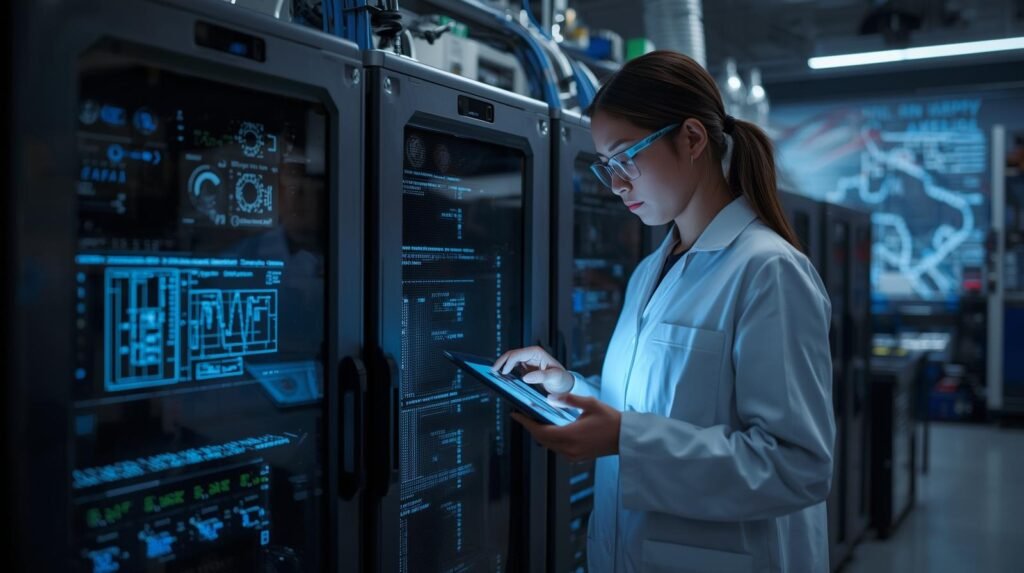 Top Quantum Computing Companies in USA: Quantum computing scientist in a modern U.S. research lab standing beside advanced quantum computer hardware and servers.
