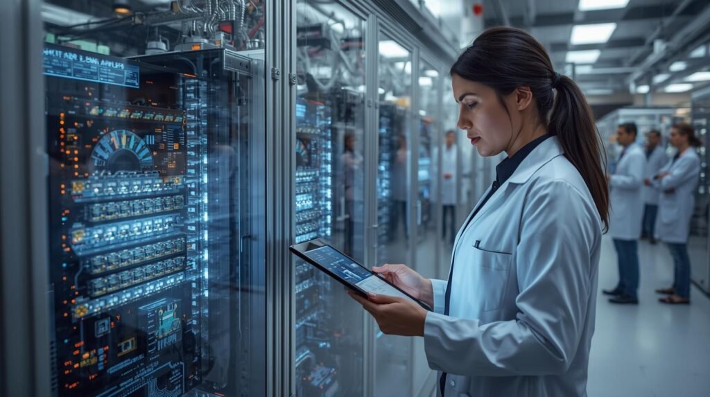 Quantum computing scientist in a modern U.S. research lab standing beside advanced quantum computer hardware and servers.