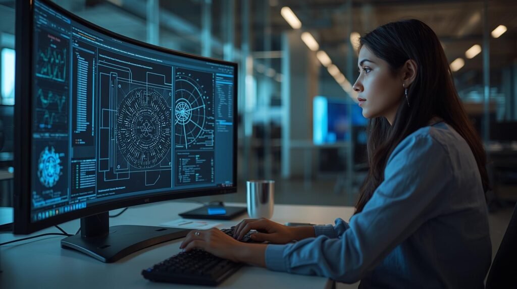 Quantum software developer in a modern U.S. tech office coding quantum algorithms with data visualizations on screen.