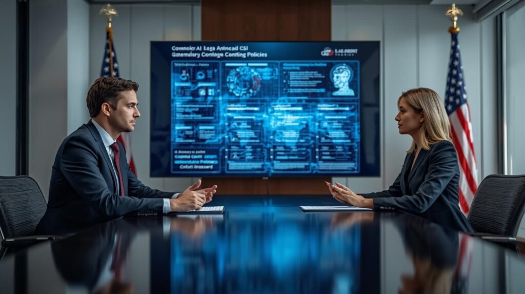 Regulation of AI in the United States: U.S. policymaker and compliance officer reviewing AI regulation documents on a digital screen in a government office.