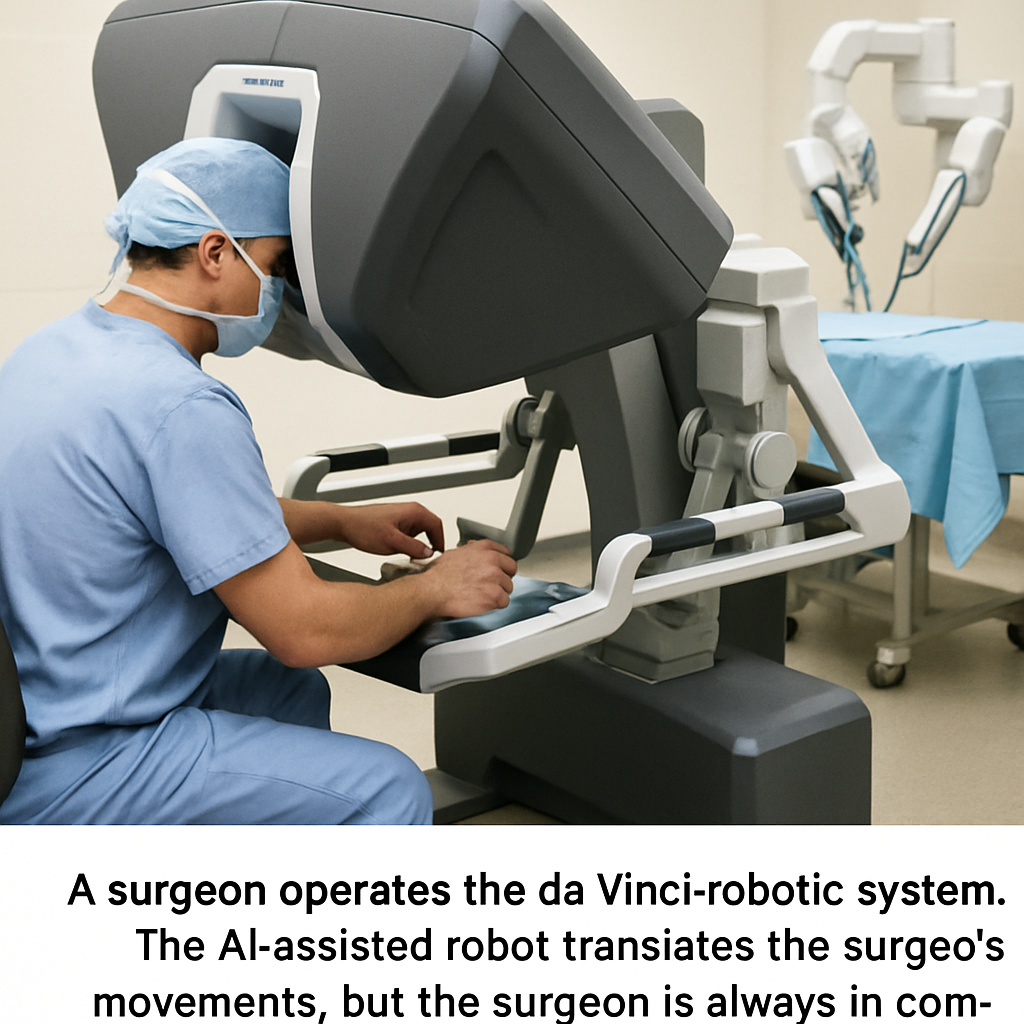Surgeon operating a robotic-assisted surgical system in a modern U.S. hospital operating room.
