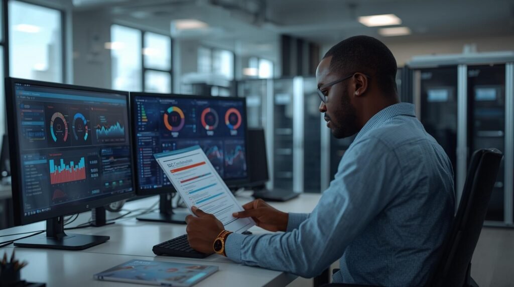 Cybersecurity compliance analyst reviewing a SOC 2 compliance checklist and data protection dashboards in a modern U.S. corporate IT security office.
